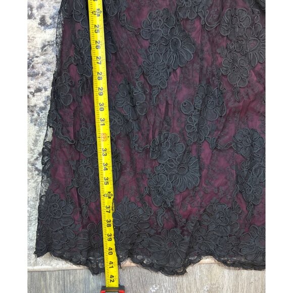 Vintage 50' s 60's Black Lace Overlay Burgundy Whimsygoth Crepey Delicate Floral - Picture 12 of 16